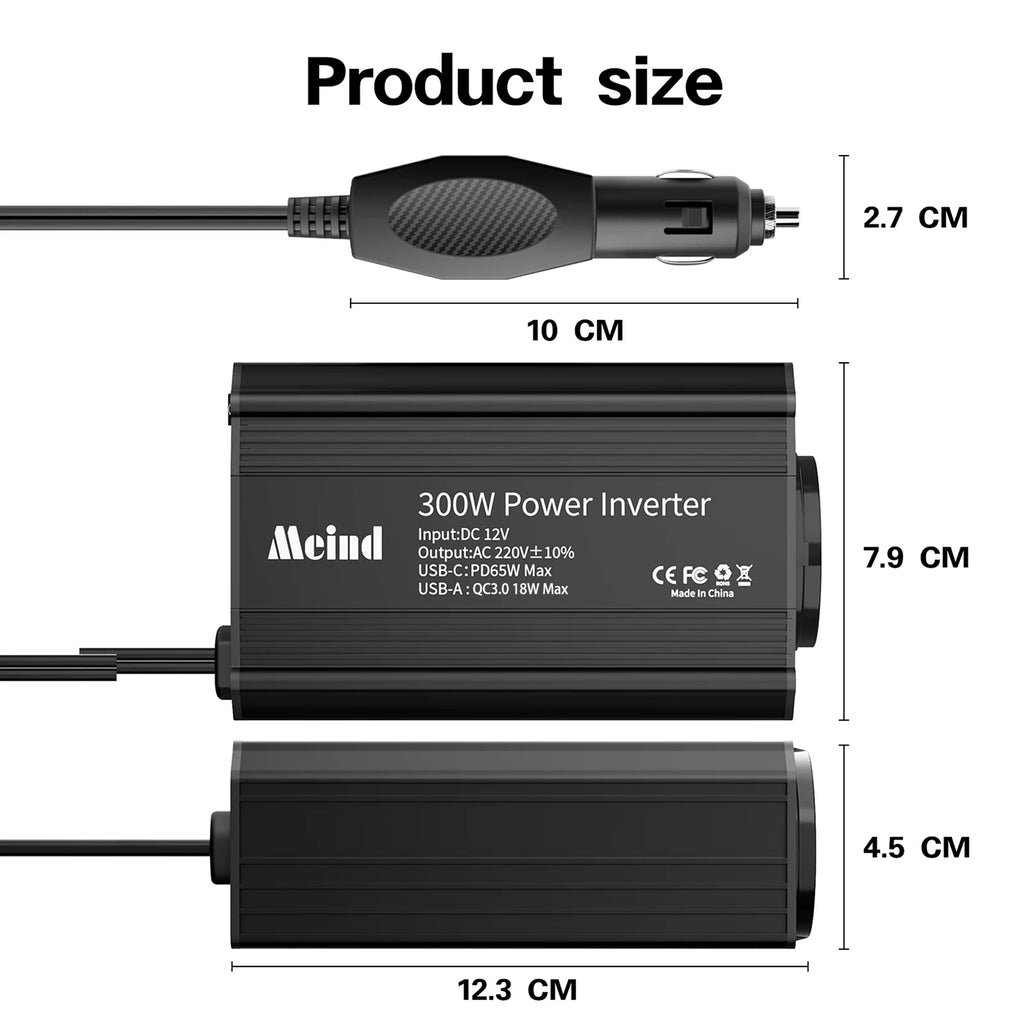 Meind 300W Car Power Inverter with EU Socket DC12V to AC220V Car Charger with Dual USB ports PD65W + QC3.0 CM World