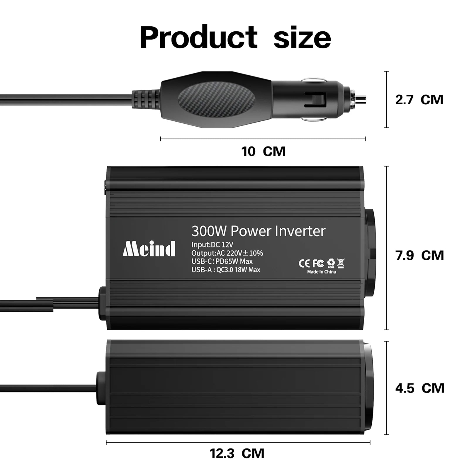 Meind 300W Car Power Inverter with EU Socket DC12V to AC220V Car Charger with Dual USB ports PD65W + QC3.0 CM World