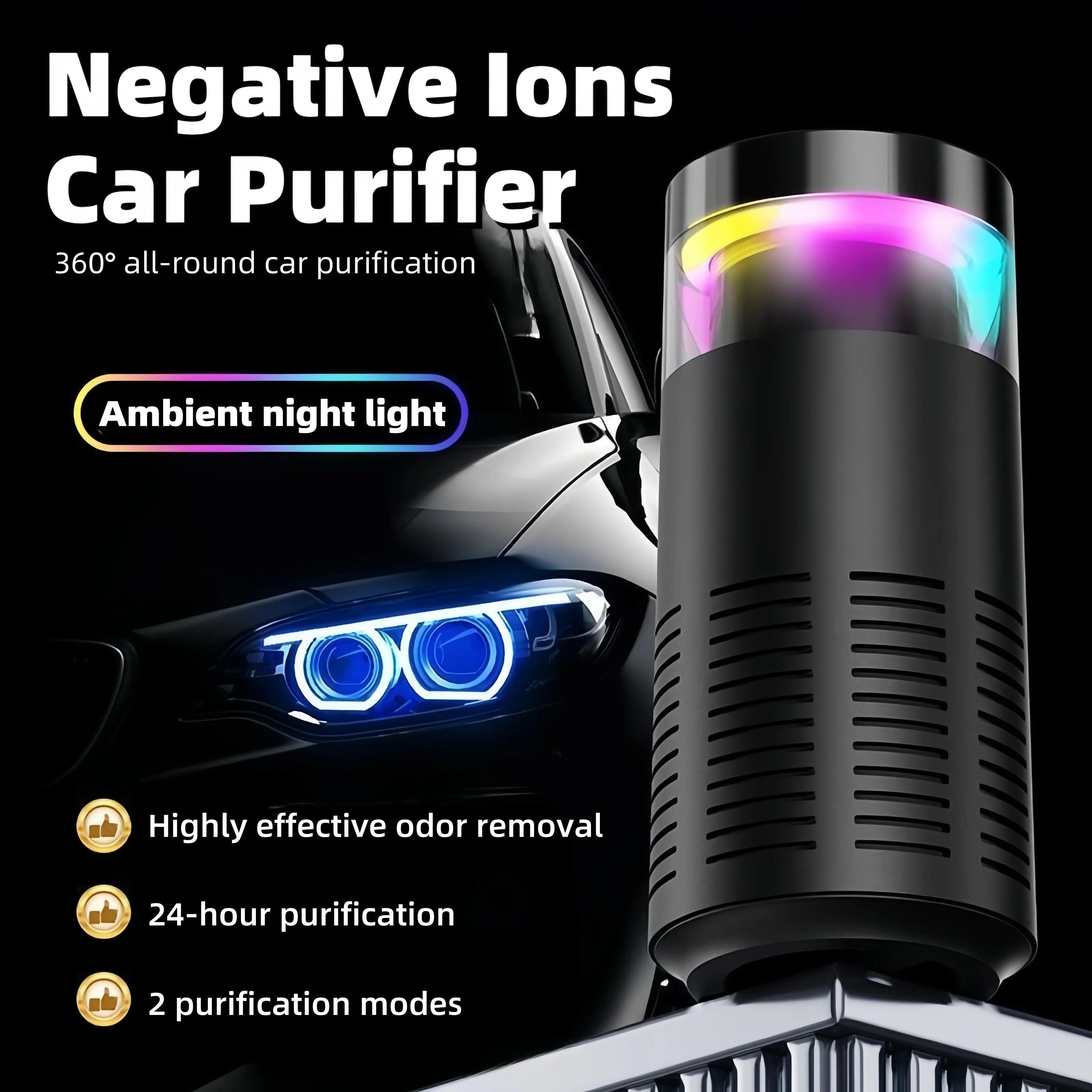 2025 New Car Air Purifier 24 Hours Remove Formaldehyde & Odors 360° 2-Mode with Mood Light USB Rechargeable for New Car & Travel CM World