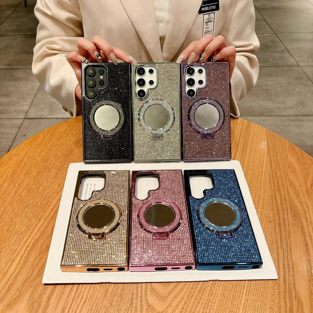 Glitter Stand Mirror Magnetic Cover For Samsung Galaxy S26 S25 Plus S22 S23 S24 Ultra Plating Folding Bracket Diamond Phone Case