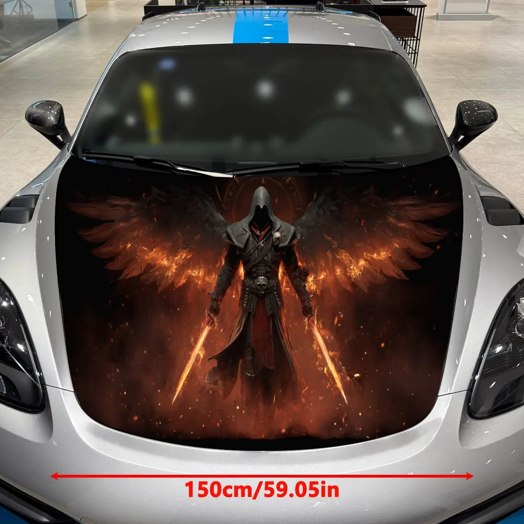 Blazing-Winged Assassin Car Vinyl Wrap, PVC Material Waterproof Car Hood Sticker, Self-Adhesive Scratch-Resistant Stickers for E