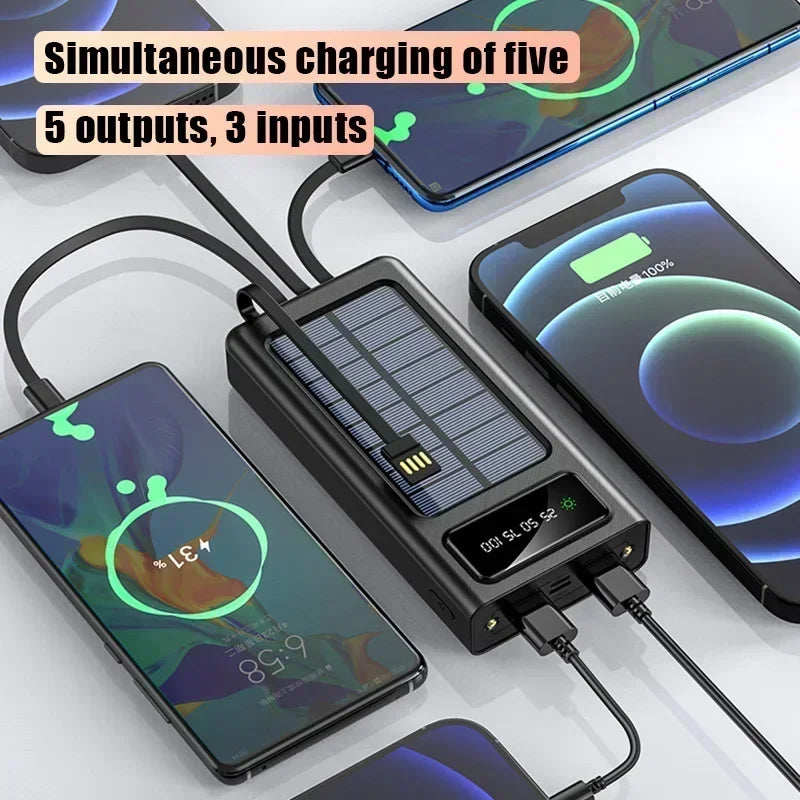 Lenovo 500000mAh Solar Power Bank Built in 4 Cables Portable External Battery with LED Light Powerbank For iPhone Samsung Huawei