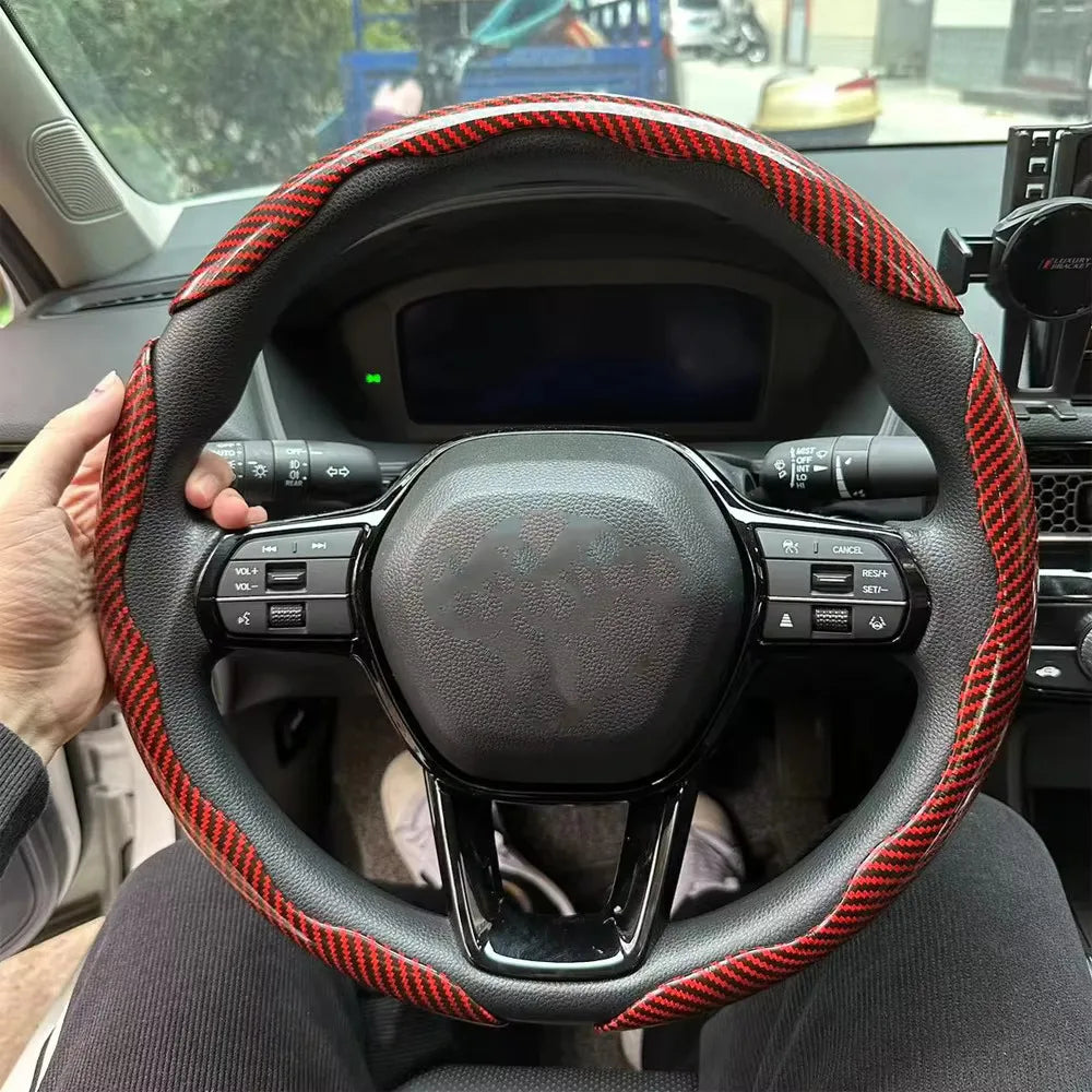 3PCS Laser Carbon Fiber Silicone Car Steering Wheel Cover 1K Micro Fiber Leather PVC Wheel Booster Cover Non-Slip Universal CM World