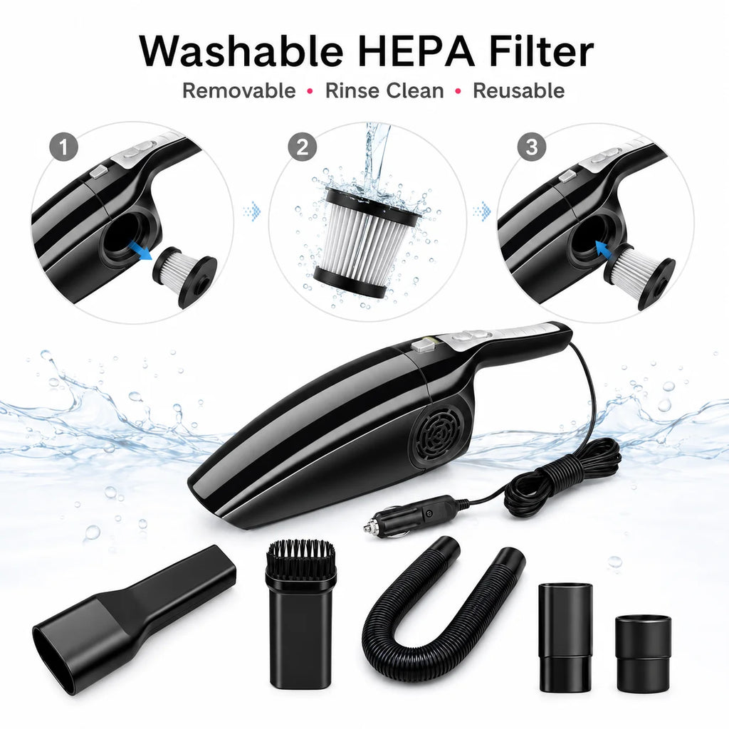 Car Vacuum Cleaner 12V 120W Wet Dry Portable Handheld Auto Vacuum 4M Cord Cigarette Lighter Hose Brush Crevice Nozzle