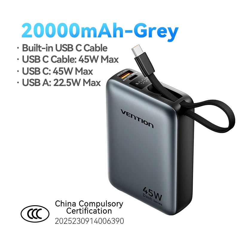 Vention CCC Certification Powerbank 45W 20000mAh Power Bank Type C PD Fast Charging Portable Charger Battery for Phone PC