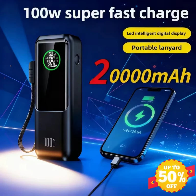 【CCC】100W Super Fast Charging Power Bank with Built-in Cable High Capacity Portable Charger for Laptops Mobile Phones Tablets