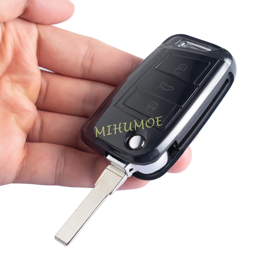 For Skoda VW Black Transparent Car Flip Key Fob Case Cover Keychain Ring Kodiaq Superb Octavia Karoq Tiguan Golf Polo SEAT Ateca CM World