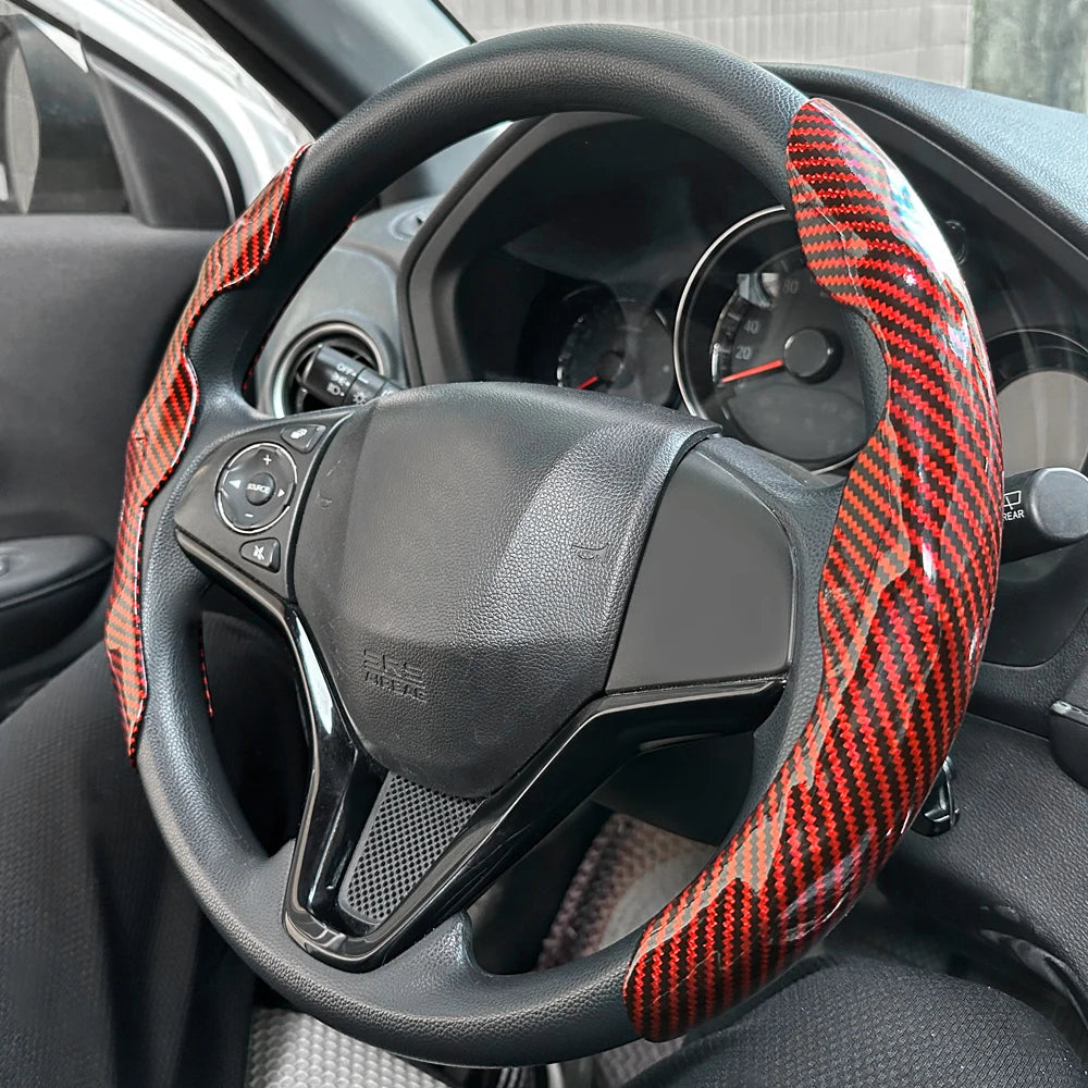 Car Steering Wheel Cover Set, Glossy Carbon Fiber Texture, 2-Piece Breathable and Anti-Slip Grip, Universal Fit Interior Upgrade CM World