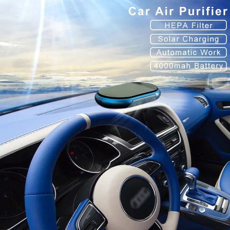 Solar Car Air Purifier 4000mah Smoke Remover HEPA filter electric Purifier Interior Air Cleaner Deodorant for Cars CM World