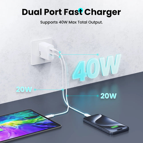 40W 2 Ports USB-C Type-C GaN Fast Charger with Charging Light, Fast Charging Block with 3.3Ft Type-C Charging Cable For IPhone Car Mobile World