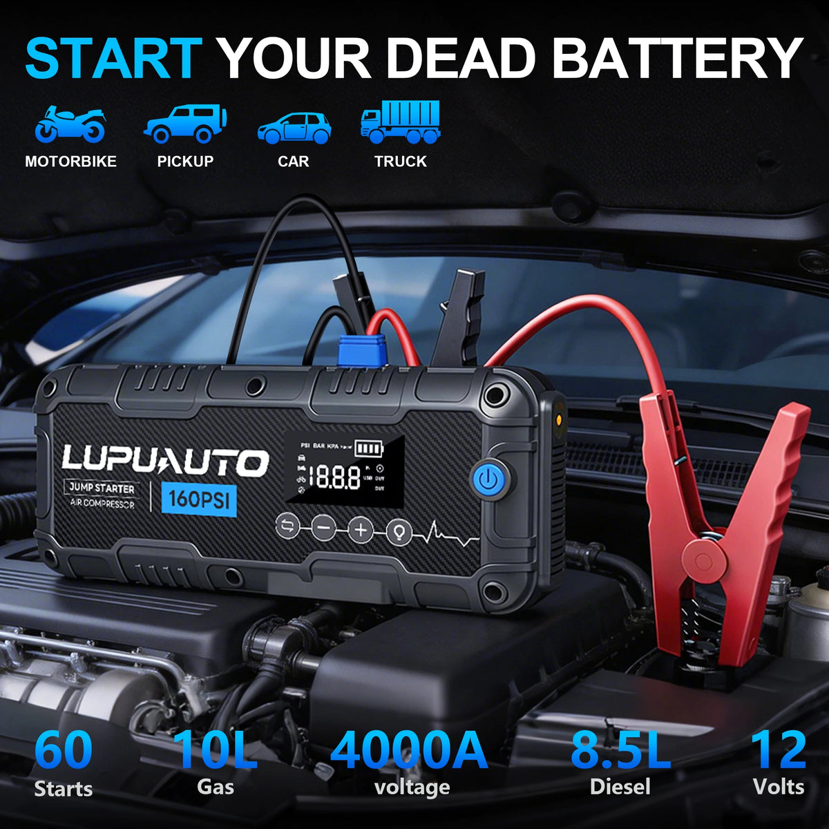 7000A Car Jump Starter With Air Compressor Booster Tyre Inflator Portable Car Battery Power Bank LED Flashlight Smart Cable