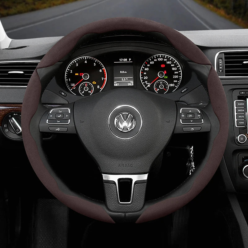 Suitable for Volkswagen Anti-Slip Buckle Segmented Suede Steering Wheel Cover Suitable for Polo Golf 5 6 7 Gol Cc Passat B6 B8 Jetta Scirocco T4 Crafter Taigo up Santana Nivus Tcros G3 Caddy Tiguan CM World