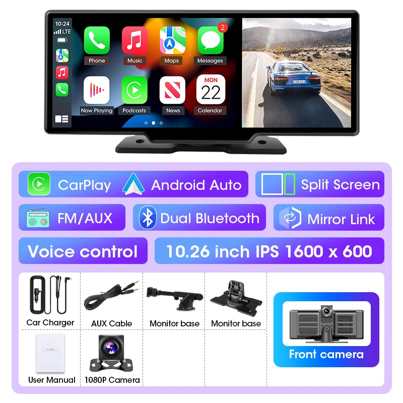 10/11.26 inch Dash Cam 4K Car DVR Wireless Carplay & Android Auto GPS Navigation Video Recorder Dashboard Dual Lens Wifi FM AUX Car Mobile World