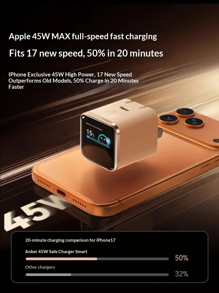 Anker Nano 45w Gan Fast Charger With Ai Display Smart Compatible For Phone 17 Pro Max 16 Pro 15 14 Portable Wall Charger Car Mobile World
