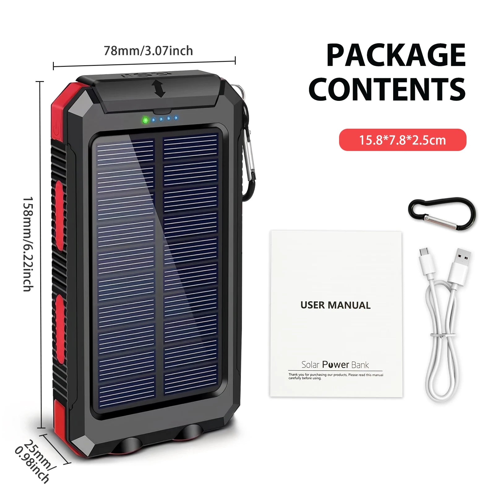 30000mAh Portable Solar Power Bank External Battery Waterproof Dual 5V 1A USB Ports LED Flashlight for iPhone Samsung Tablets Car Mobile World