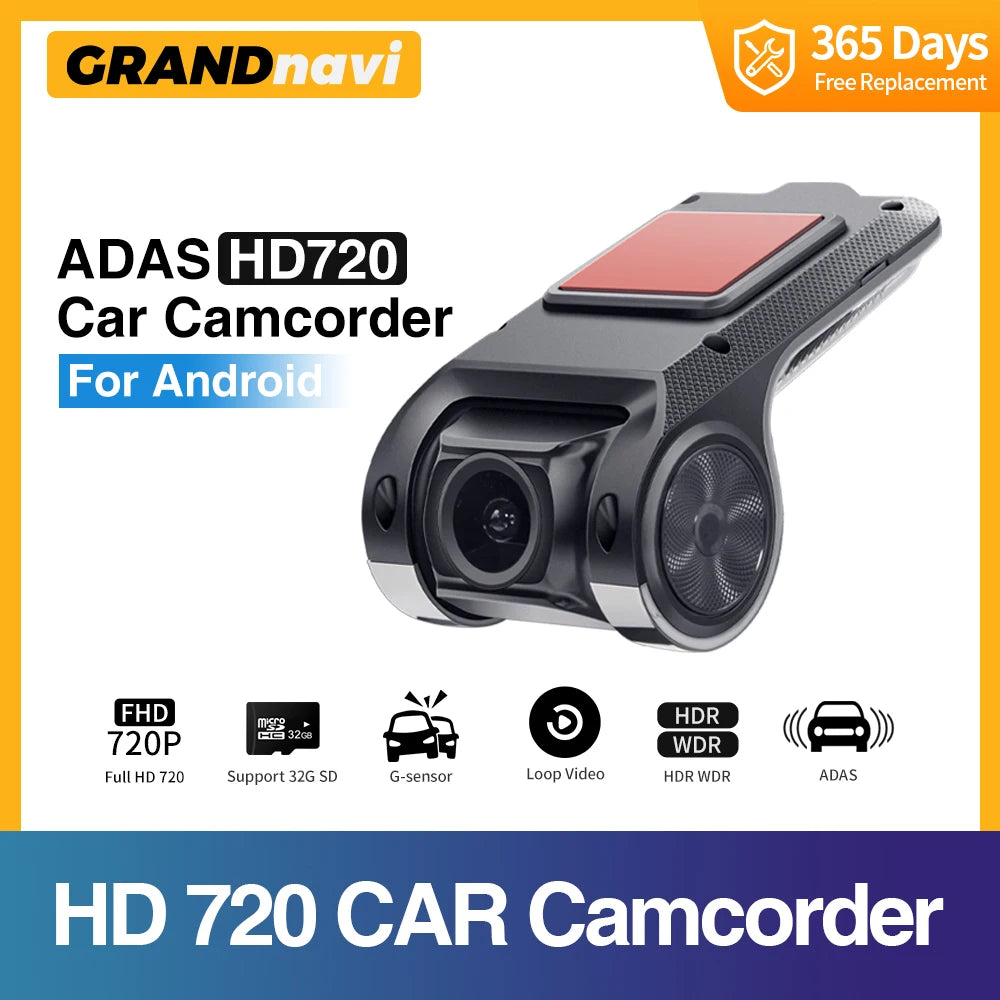 Grandnavi HD DVR Dash Cam ADAS 720P Video USB TF Card 16G/32G Auto Recorder for Android Car Multimedia Player DVD Voice Alarm