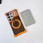 Aluminum Metal Frame Wood Back Case For Samsung Galaxy S26 Ultra S25 S24 S23 S22 Ultra 360° Magnetic Holder Wireless Charging
