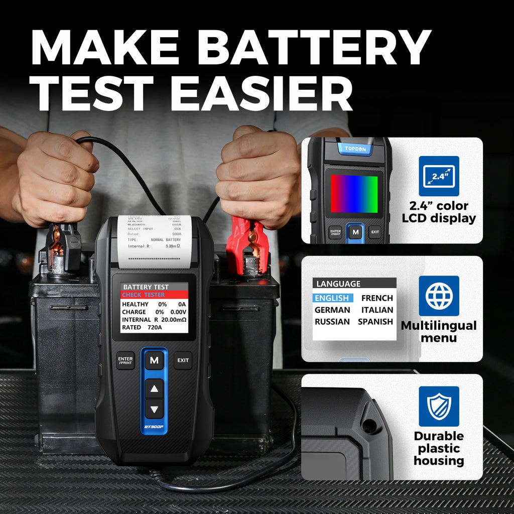 TOPDON BT300P 12V Car Battery Tester with Printer Battery Load Test for Motorcycle Auto Charging Cranking Battery Analyzer