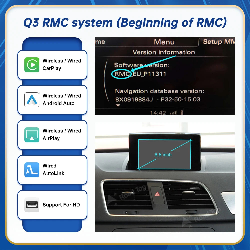 Road Top Wireless Android Auto For Audi Car A1 AT Q3 3G MMI RMC 2013-2018 Carplay Interface Mirror Link Air Play CM World