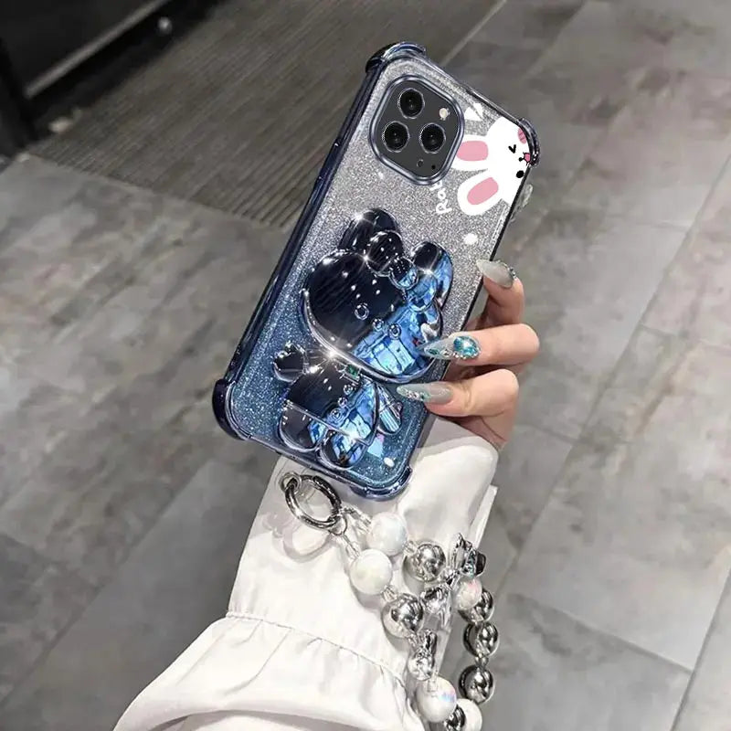 Airbag Glitter Mirror Rabbit Phone Holder Case On For iPhone 16 15 14 13 12 11 Xs Pro Max Mini X XR Plus Anti-knock Stand Cover