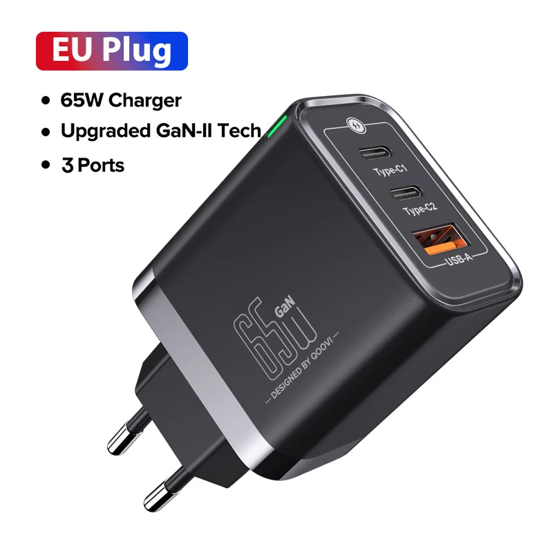 QOOVI 65W GaN Charger USB Type C Fast Charging Quick Charge 4.0 Adapter USB-C PD Charger For Samsung Xiaomi Macbook iPhone ipad Car Mobile World