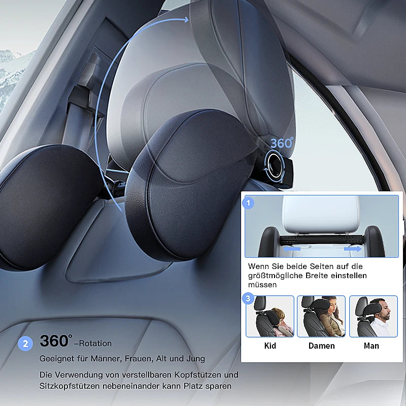 Ergonomic 360° Adjustable Auto Cervical Pillow with Memory Foam & Side Pads One-Click Sleep Headrest for Car Travel BMW Benz