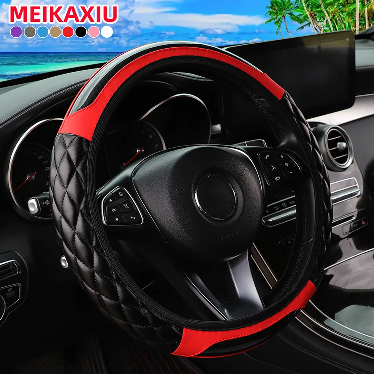 PU Soft Leather Crystal Carbon Fiber Embroidered Car Rimless Steering Wheel Cover for 14.5 - 15 Inch Car Interiors