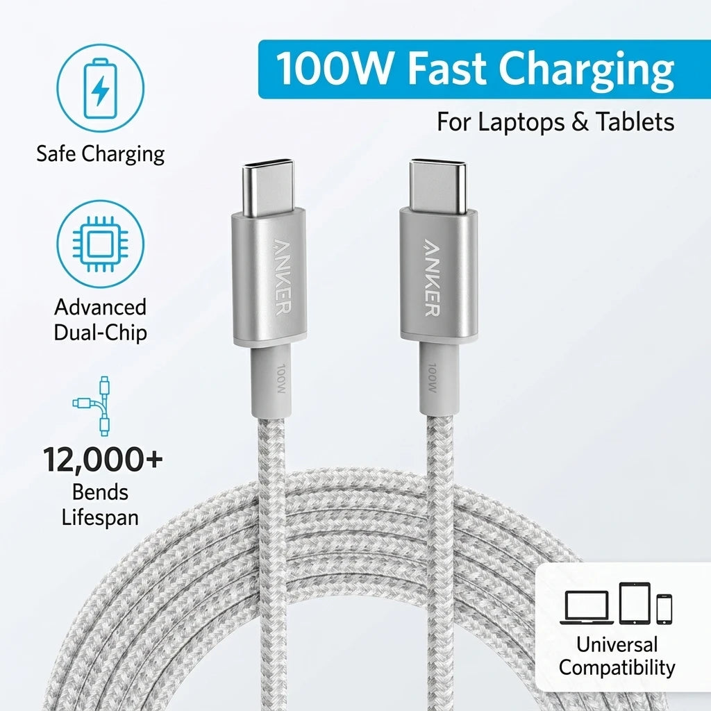 Anker 100W USB-C to USB-C Braided Charging Cable PD Fast Charging Cord Durable Wire For MacBook iPhone 15 Samsung Laptop Tablet