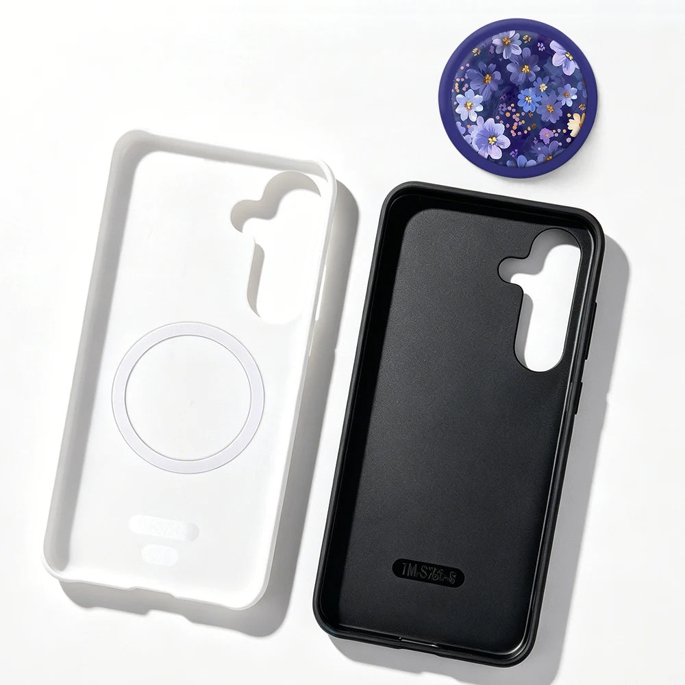 Magnetic Case For Samsung S26 S25 S24 S23 S22 S21 Plus Ultra 20 FE A15 A16 A26 A36 56 17 Purple Flower 2 in 1 Phone Holder Cover