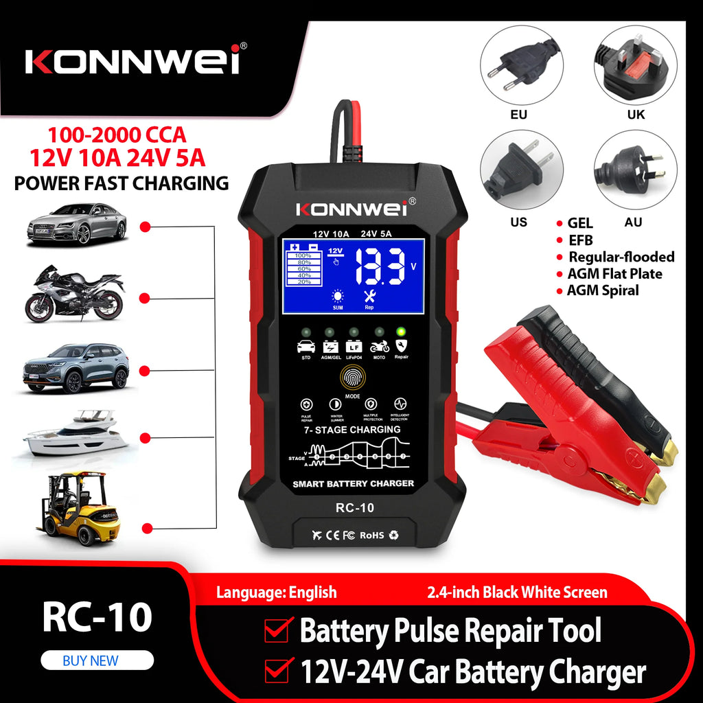 2026 KONNWEI RC-10 Car Battery Charger 12V 10A 24V 5A Full Automatic Fast Charging Pulse Repair BatteryCharger Lead Acid AGM Gel