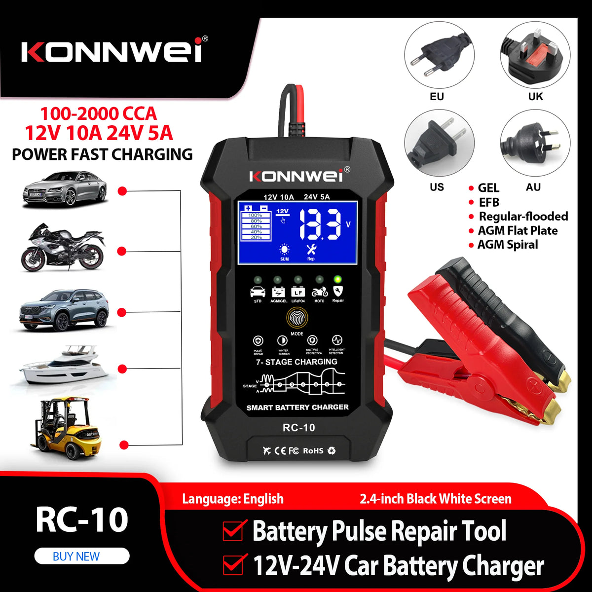 2026 KONNWEI RC-10 Car Battery Charger 12V 10A 24V 5A Full Automatic Fast Charging Pulse Repair BatteryCharger Lead Acid AGM Gel