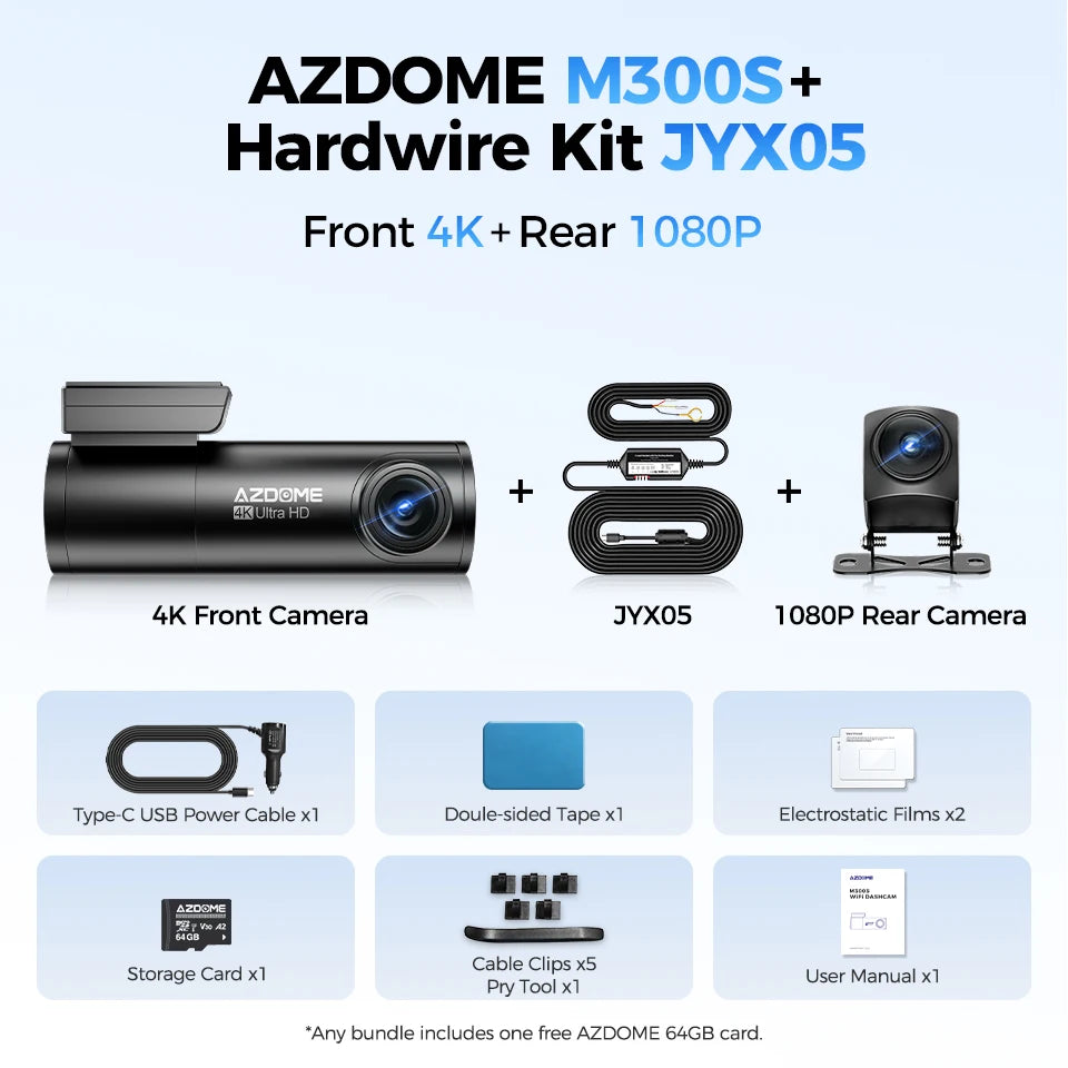 AZDOME M300S Dash Cam 4K+1080P Car Rear Camera Dash Cam 800MP Lens Built-in GPS WIFI Car DVR Voice Control Night Vision 후방카메 Car Mobile World
