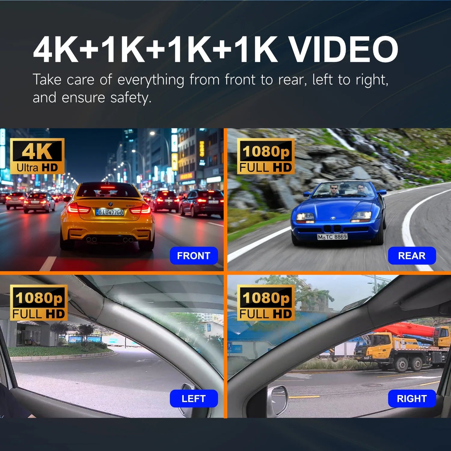 4 Channel 2K Car Dash Cam Front Rear Left Right 4-Way 360degree Recording 3" Large Screen Sentry Mode Car DVR Audio Recording Car Mobile World