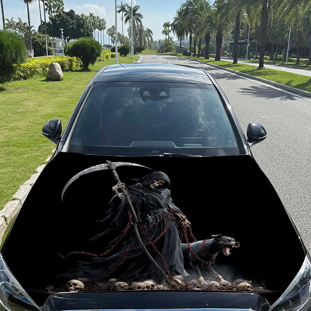 Grim Reaper, Chains and Black Dog Car Vinyl Wrap, PVC Material Waterproof Car Hood Sticker, Self-Adhesive Scratch-Resistant Stic