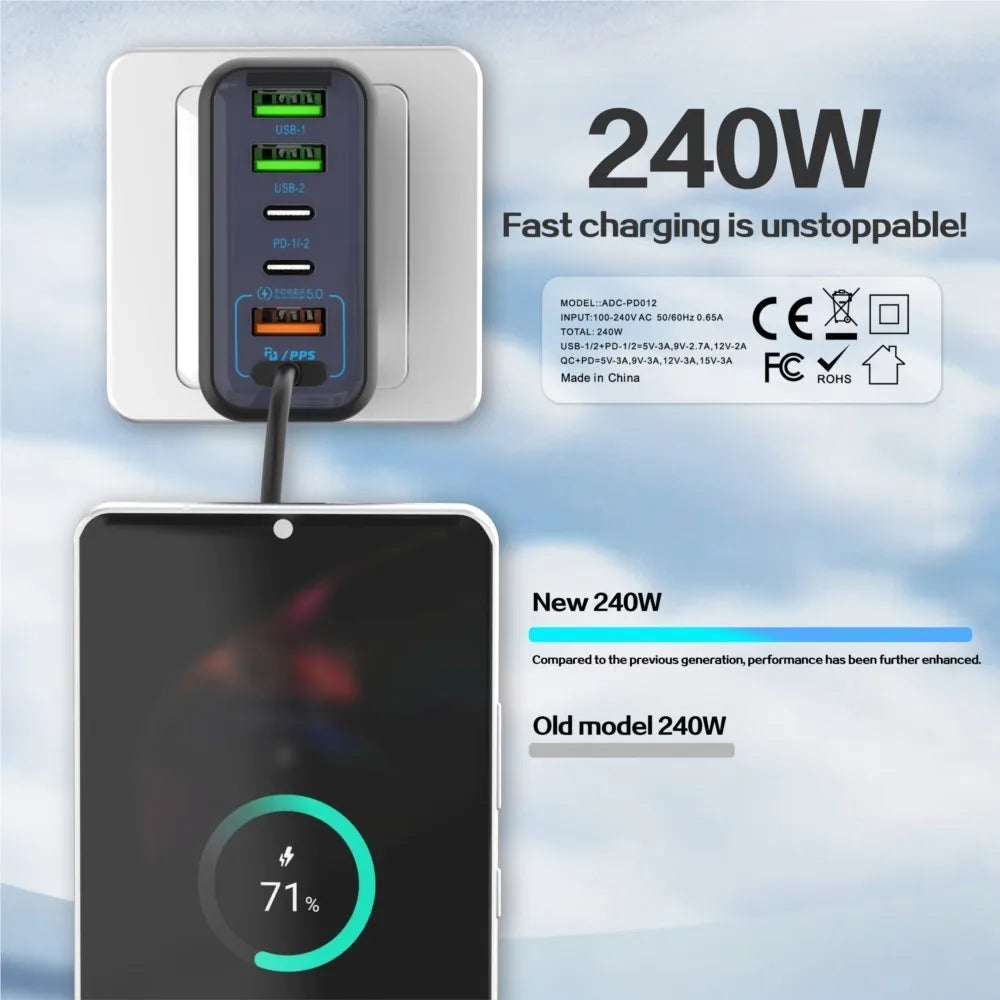 6 Ports USB C PD Charger 240W Quick Charge 3.0 Type C USB Phone Chargers Super Fast Charging Adapter For iPhone Samsung Xiaomi Car Mobile World
