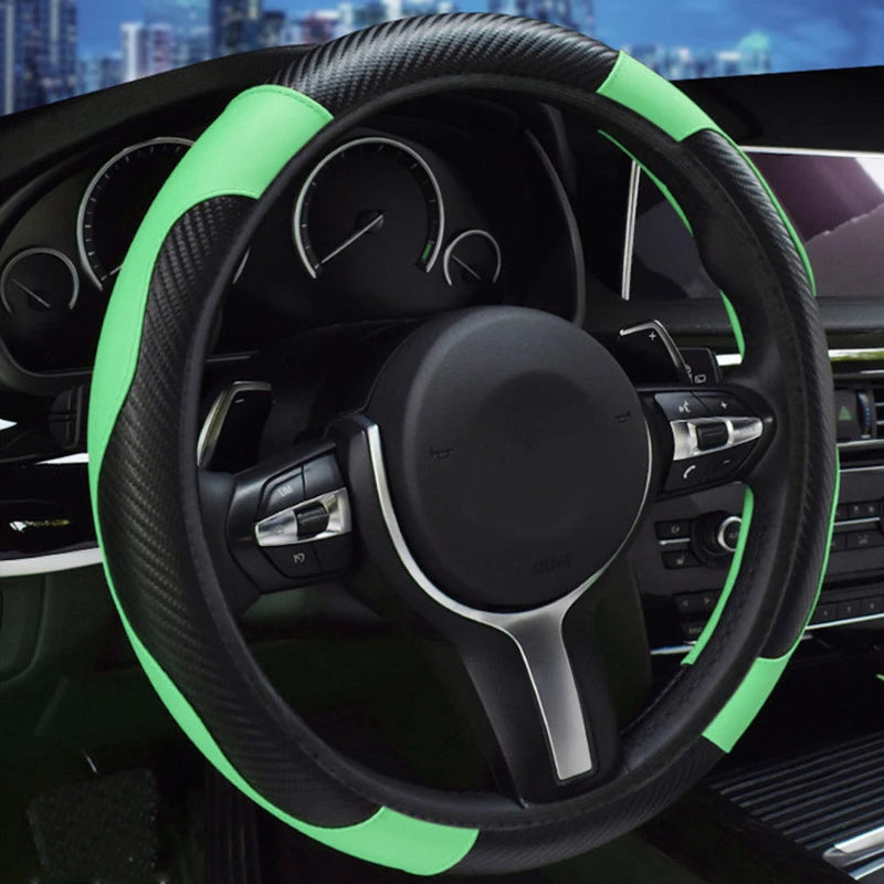 Carbon fiber pattern PU leather steering wheel cover with no inner ring design, full elasticity, anti slip and wear-resistant, m CM World