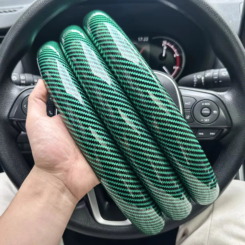 3PCS Laser Carbon Fiber Silicone Car Round Steering Wheel Cover Fiber Leather Wheel Booster Auto Cover Non-Slip Universal parts CM World