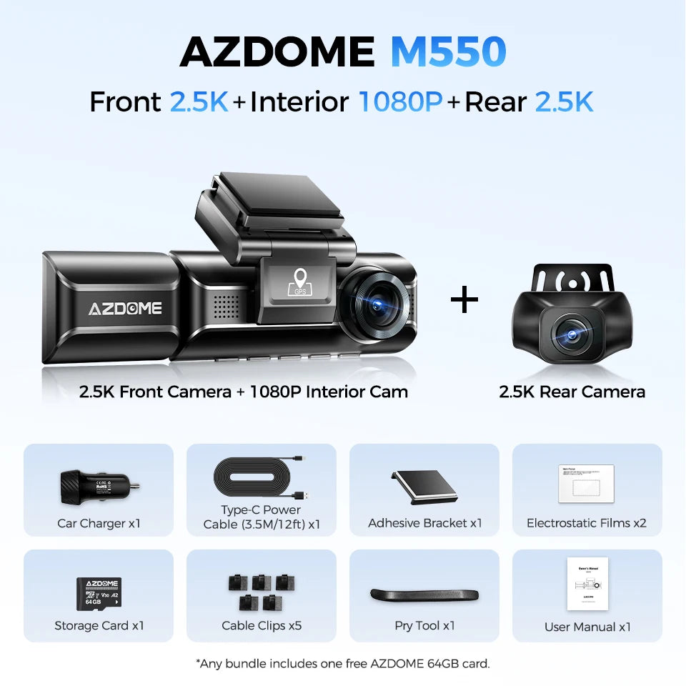 AZDOME Dash Cam M550 4K+2.5K Built-in GPS WiFi Car Dash Camera Front Inside Rear 3 Way IR Night Vision Car DVR Support Rear Cam Car Mobile World
