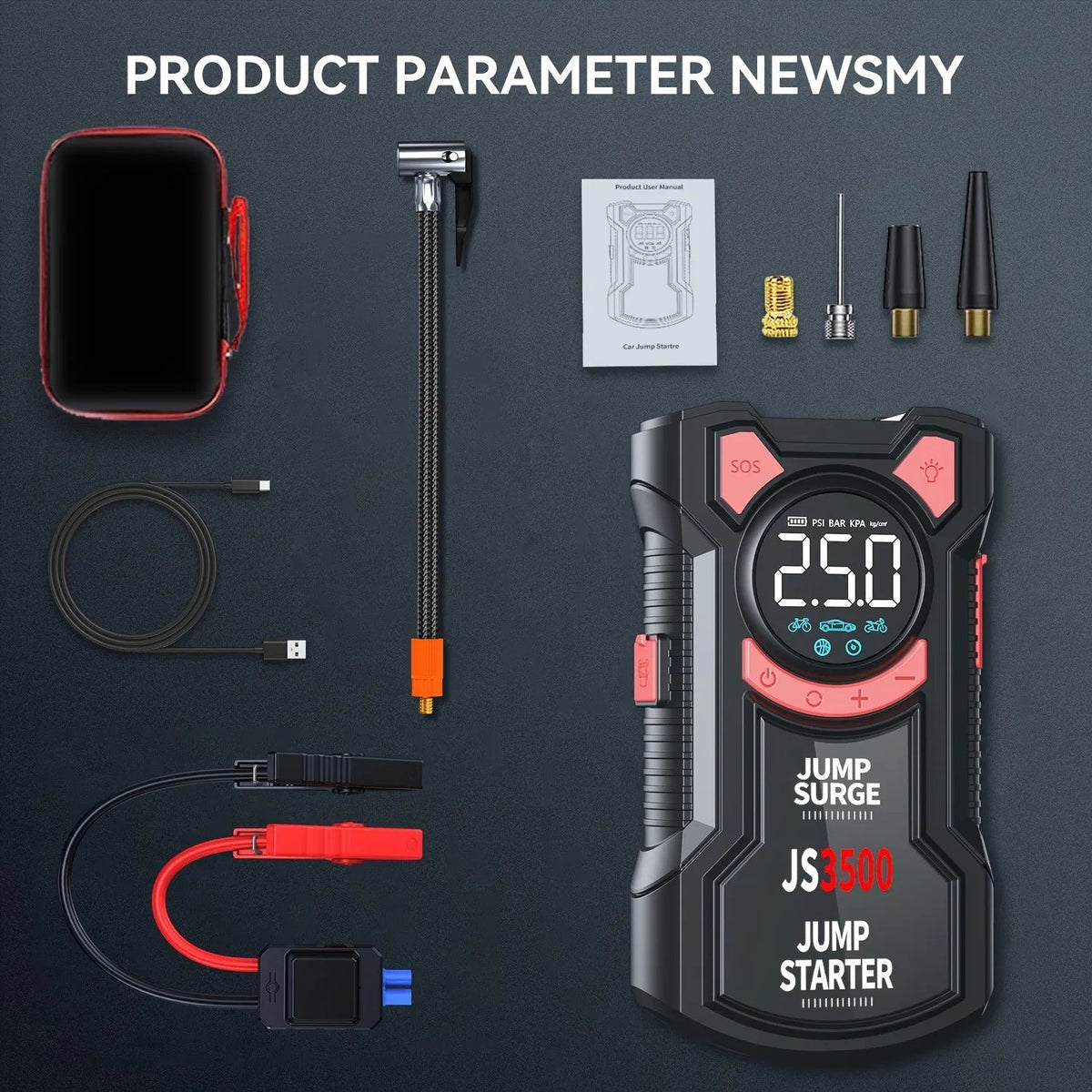 5-in-1 Jump Starter with Digital Tyre Inflator 3000A Peak Box 150PSI Battery Pack for Car Battery Car Mobile World