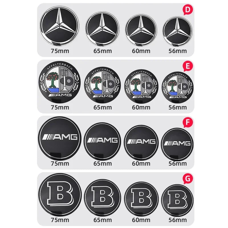 56mm60mm65mm75mm Car Wheel hub Center Cap Badge covers sticker 4pcs Mercedes Benz W204 W205 W212 W213 W177 W176 W117 X253 W247 CM World