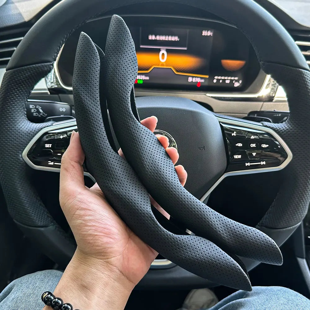 Universal D-shaped Round Car Steering Wheel Cover Ventilation hole Leather Absorb sweat Anti-slip Decoration Accessories 15inch CM World