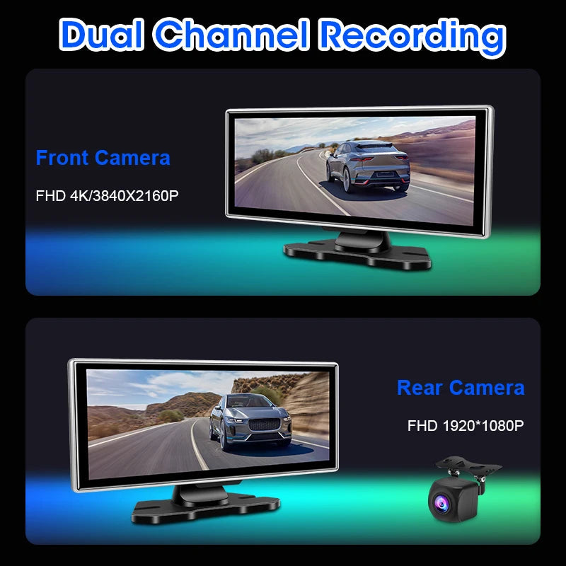 10/11.26 inch Dash Cam 4K Car DVR Wireless Carplay & Android Auto GPS Navigation Video Recorder Dashboard Dual Lens Wifi FM AUX Car Mobile World