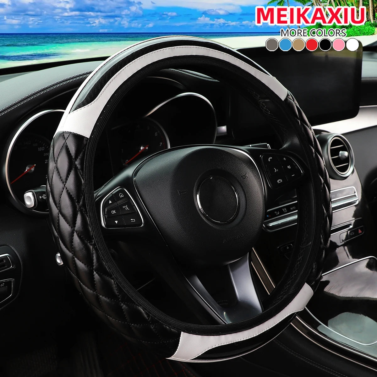 PU Soft Leather Crystal Carbon Fiber Embroidered Car Rimless Steering Wheel Cover for 14.5 - 15 Inch Car Interiors