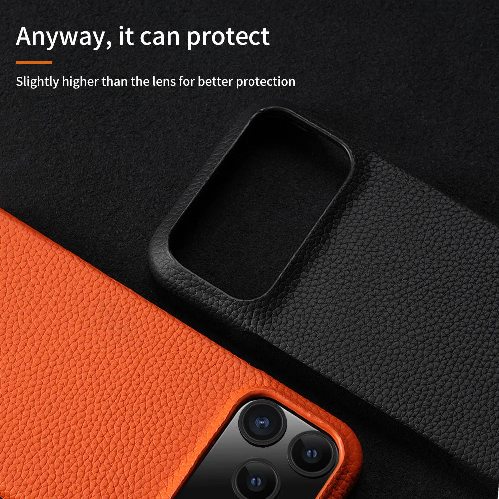 for Magsafe Case for iPhone 17 Air 15 16 Pro Max 17Pro Lychee Natural Cowhide Leather Magnetic Protector Luxury Phone Back Cover