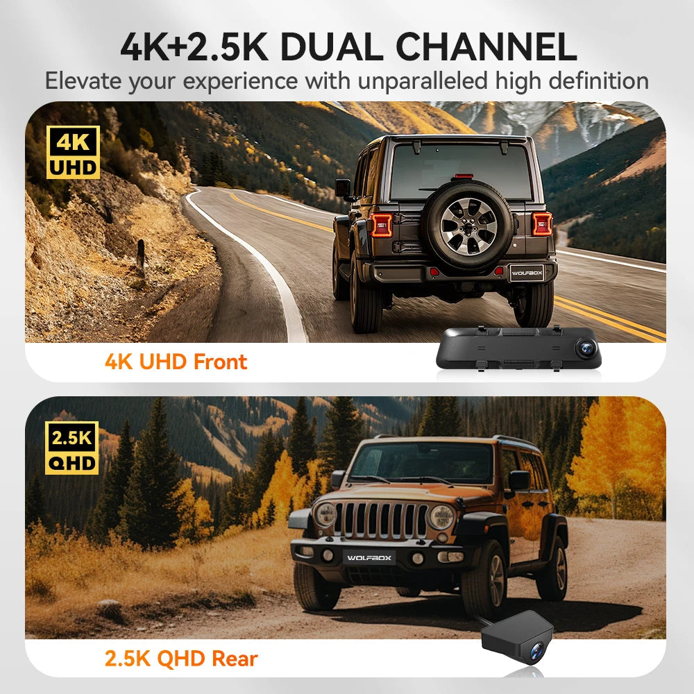WOLFBOX G900 4K+2.5K Rearview Dash Cam 12" IPS Screen WDR 170 FOV Rear Cam Gps Mirror Car Recorder Stream Media Car DVR Car Mobile World