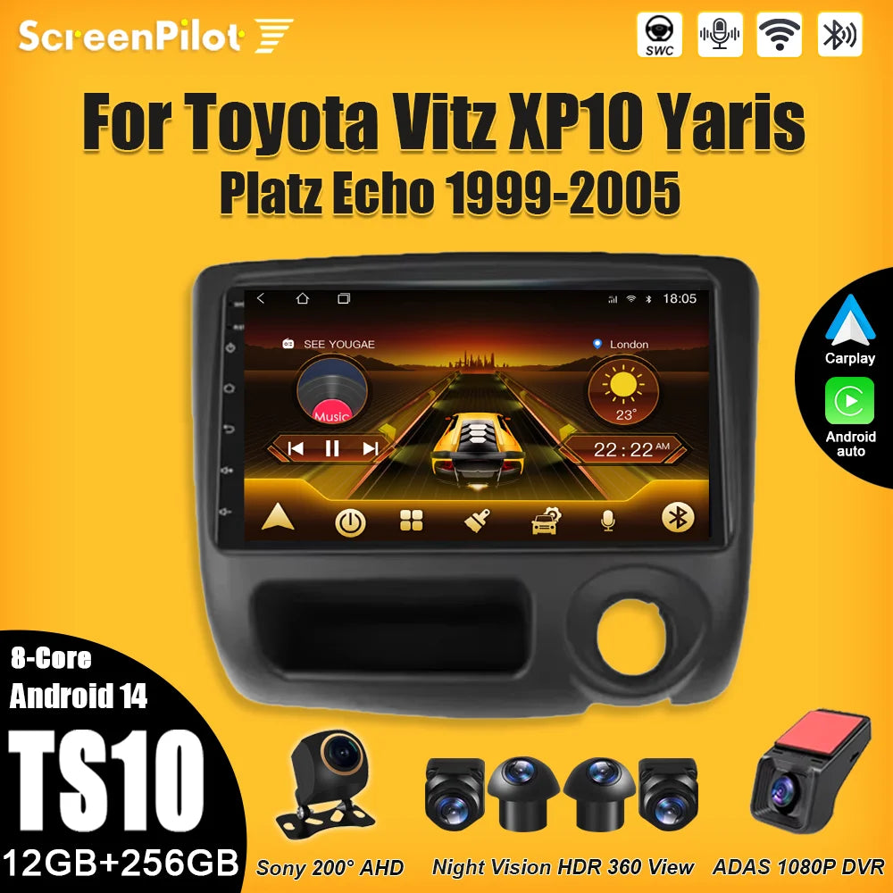 For Toyota Vitz XP10 Yaris Platz Echo 1999 2000 2001 - 2005 Android 15  Multimedia Video Player  Carplay Touch Screen RDS 8 Core CM World