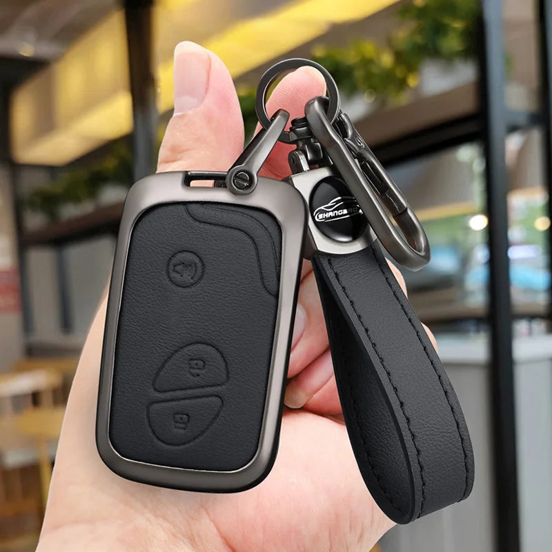 New zinc alloy leather key pouch, full-wrap smart car remote key protective case with keychain suitable for Lexus CT200H/RX270
