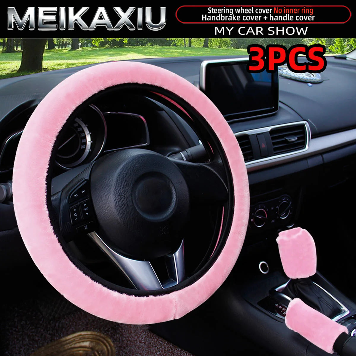 3PCS winter black and pink plush warm car non-ring steering wheel cover, handbrake cover, gearshift cover, women's style
