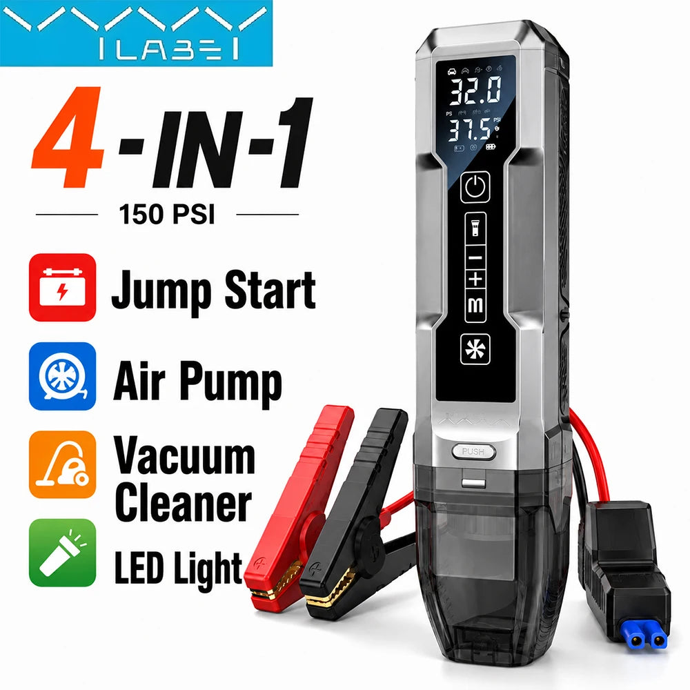 Vyvylabs Car Jump Starter Tire Inflator Vacuum Cleaner LED Emergency Light Portable Battery Booster 4-in-1 Roadside Rescue Tool