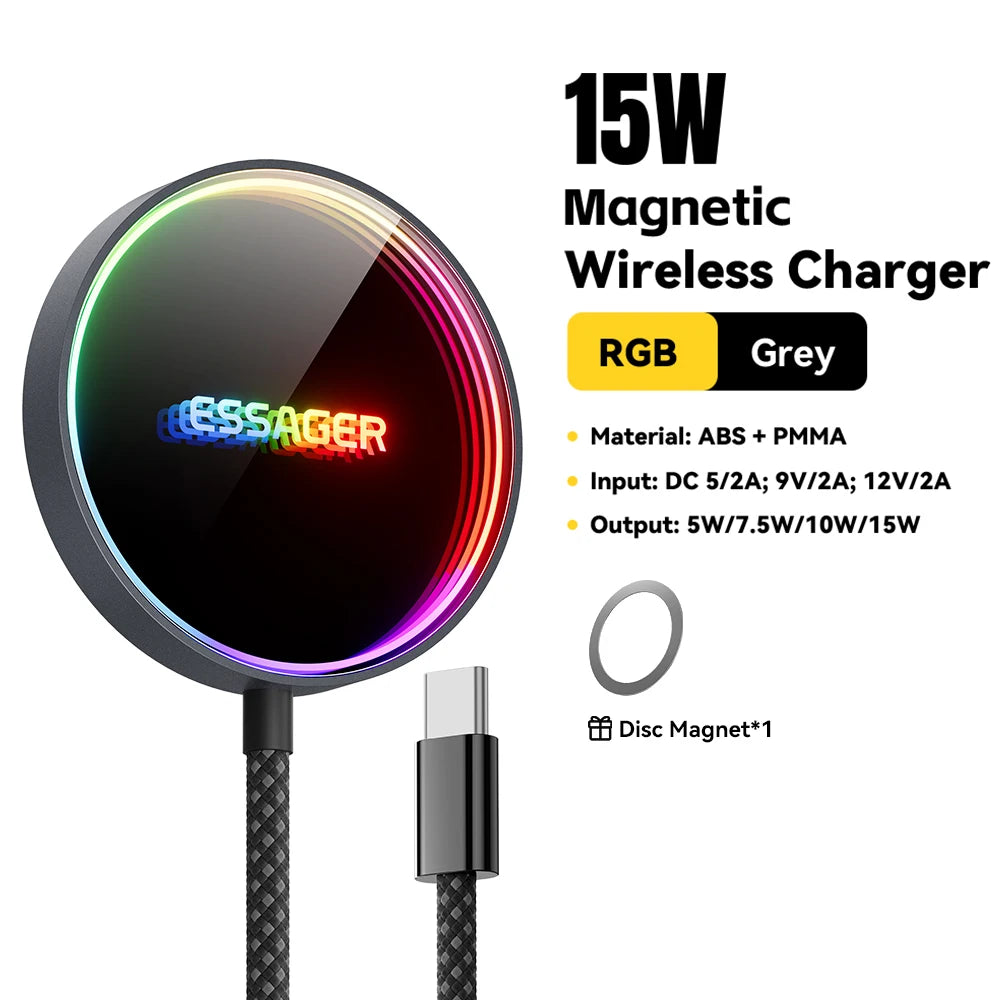 ESSAGER Magnetic Wireless Charger, RGB Fast Charging, Phone Charger for iPhone17 16, 15, 14, 13 Pro, Macsafe Phone Charging Dock